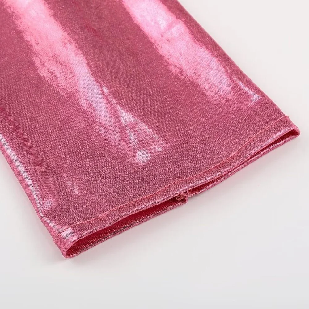 Women's Pink Shiny Elastic Satin Rave Fingerless Long Gloves Party Costume